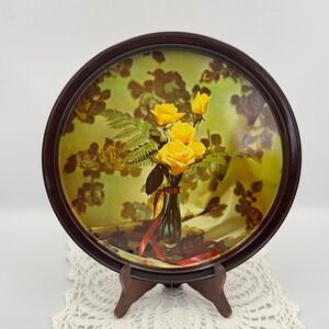 Vintage Yellow Roses Metal Serving Tray Round Floral Tin 11 Inch MCM Brown Rim